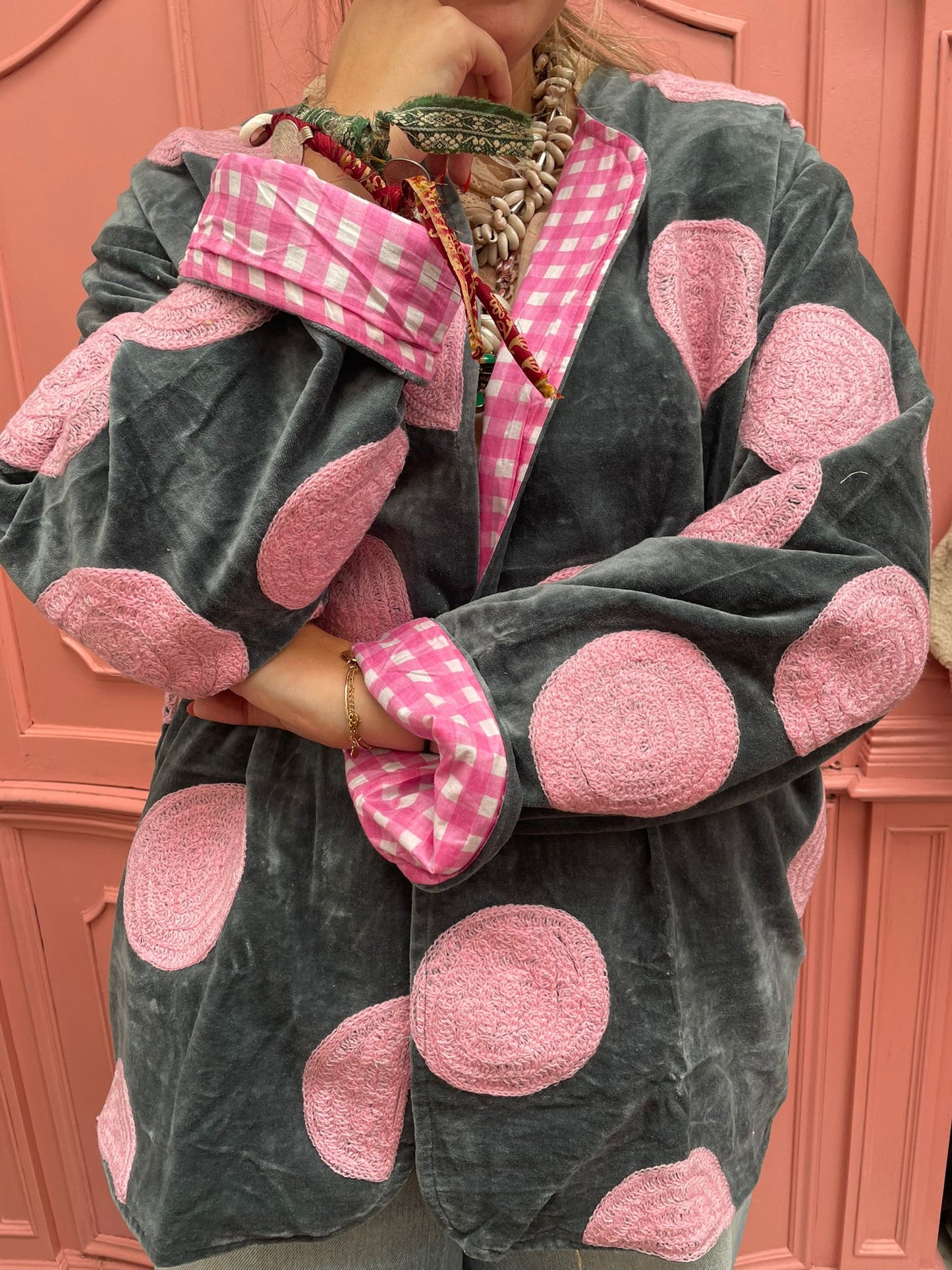 Velvet embroidery jacket Pink Dots