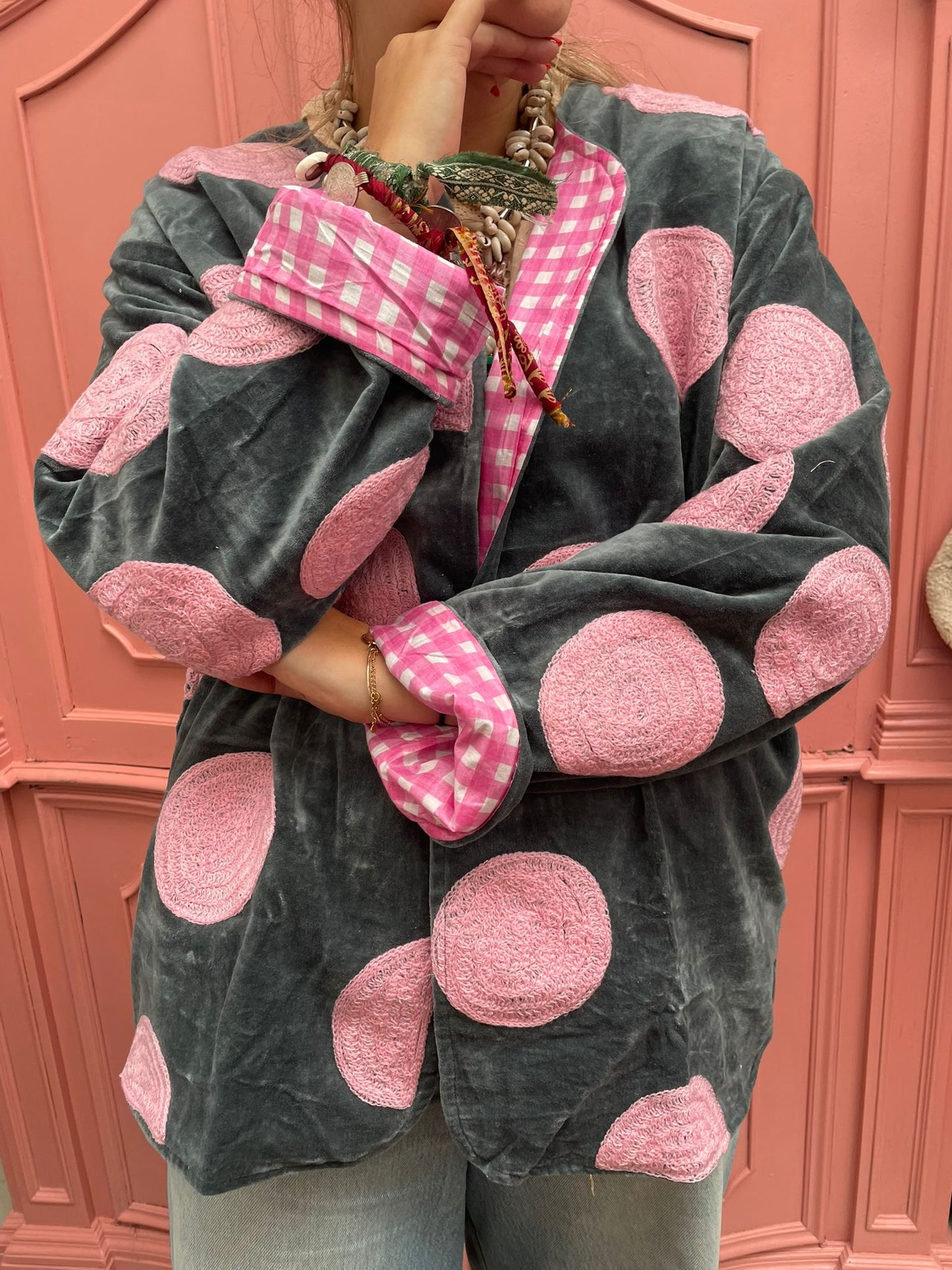 Velvet embroidery jacket Pink Dots