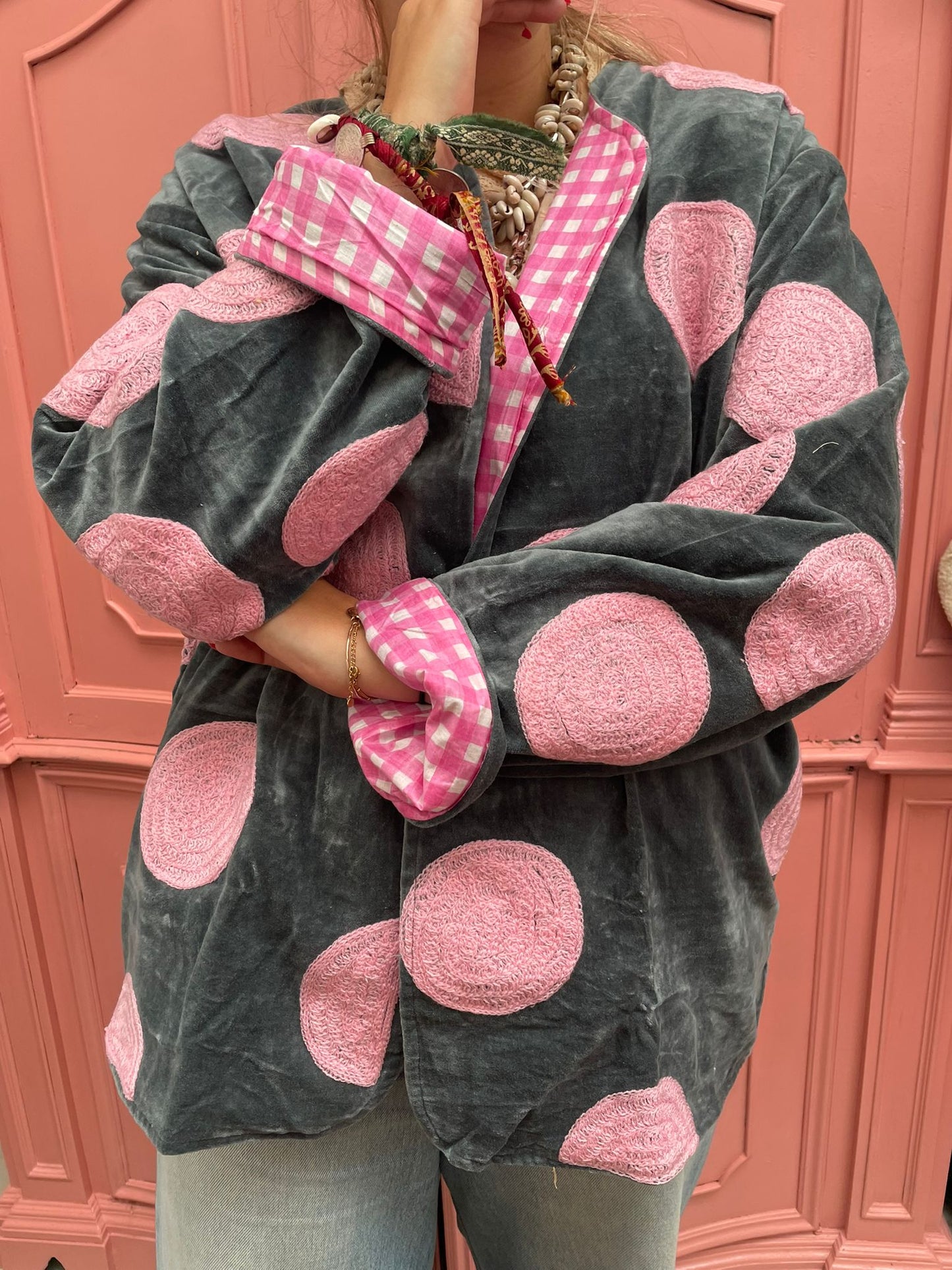 Velvet embroidery jacket Pink Dots