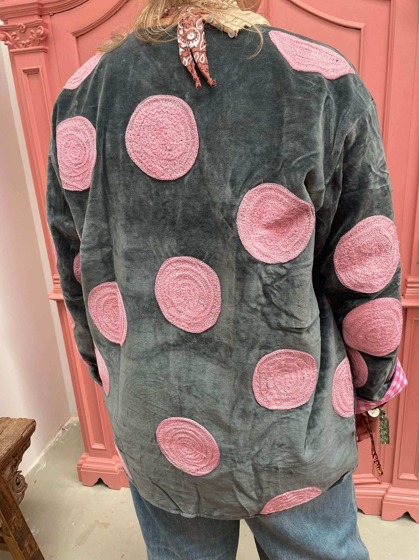 Velvet embroidery jacket Pink Dots