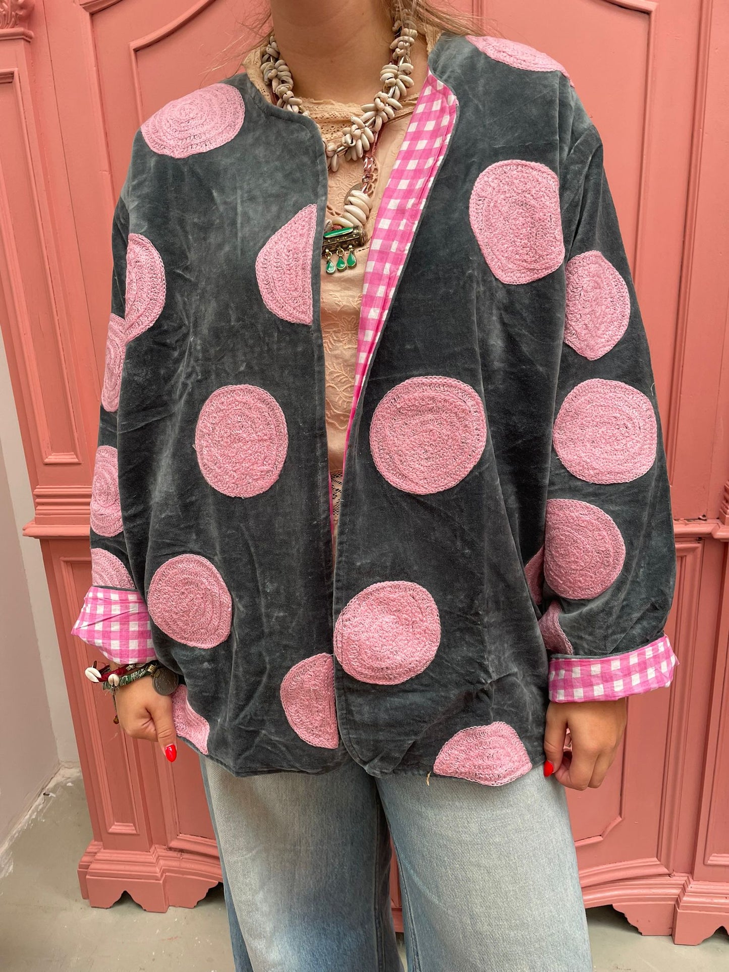 Velvet embroidery jacket Pink Dots