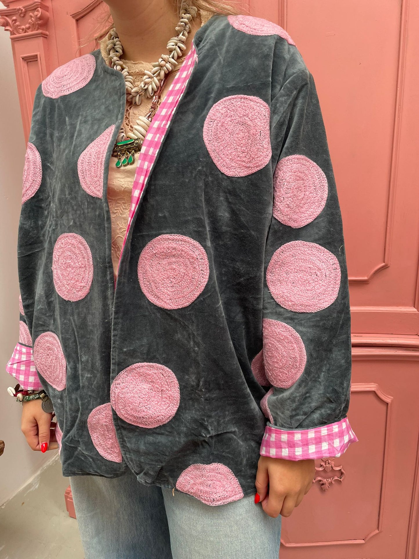 Velvet embroidery jacket Pink Dots