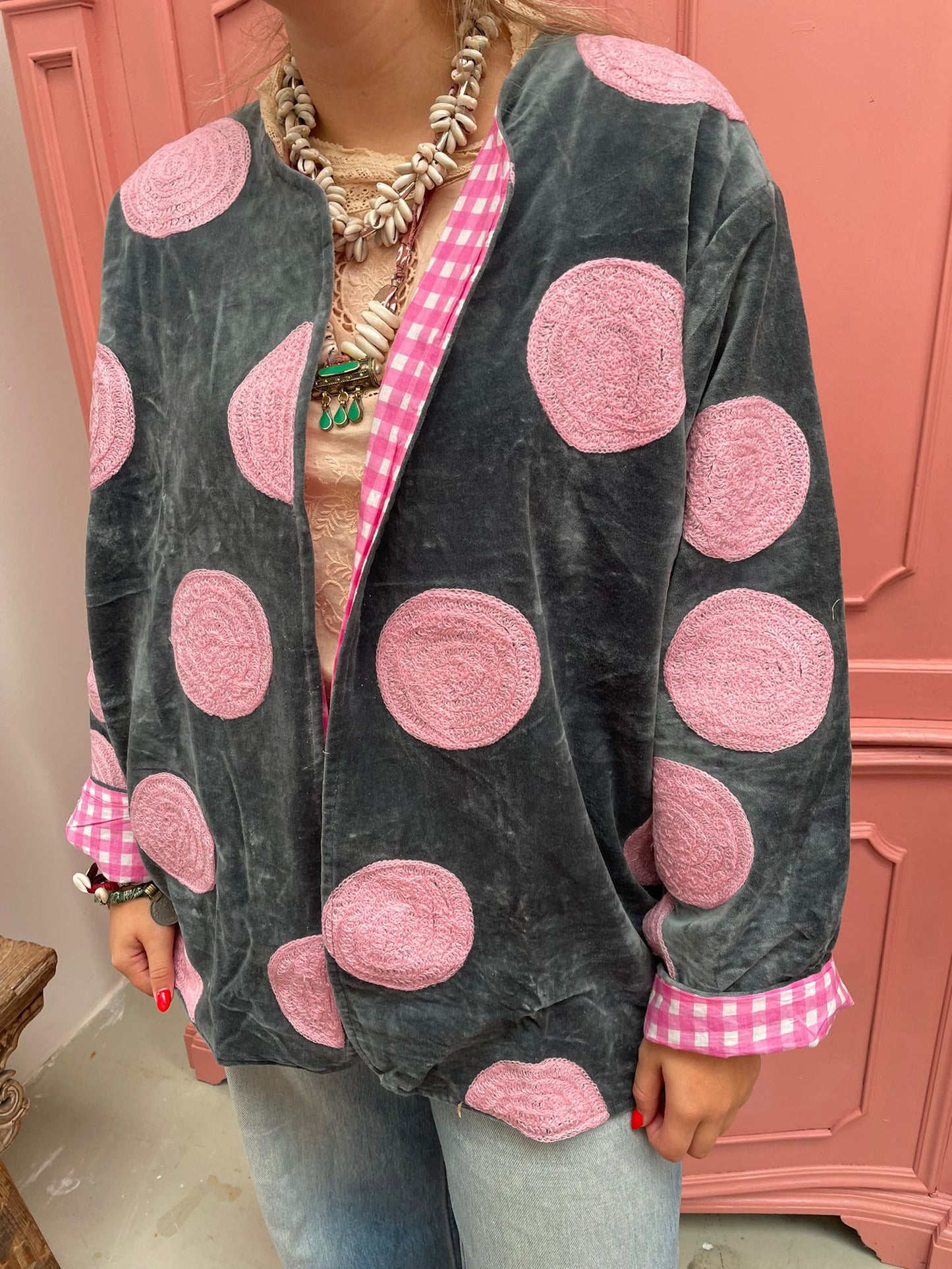 Velvet embroidery jacket Pink Dots