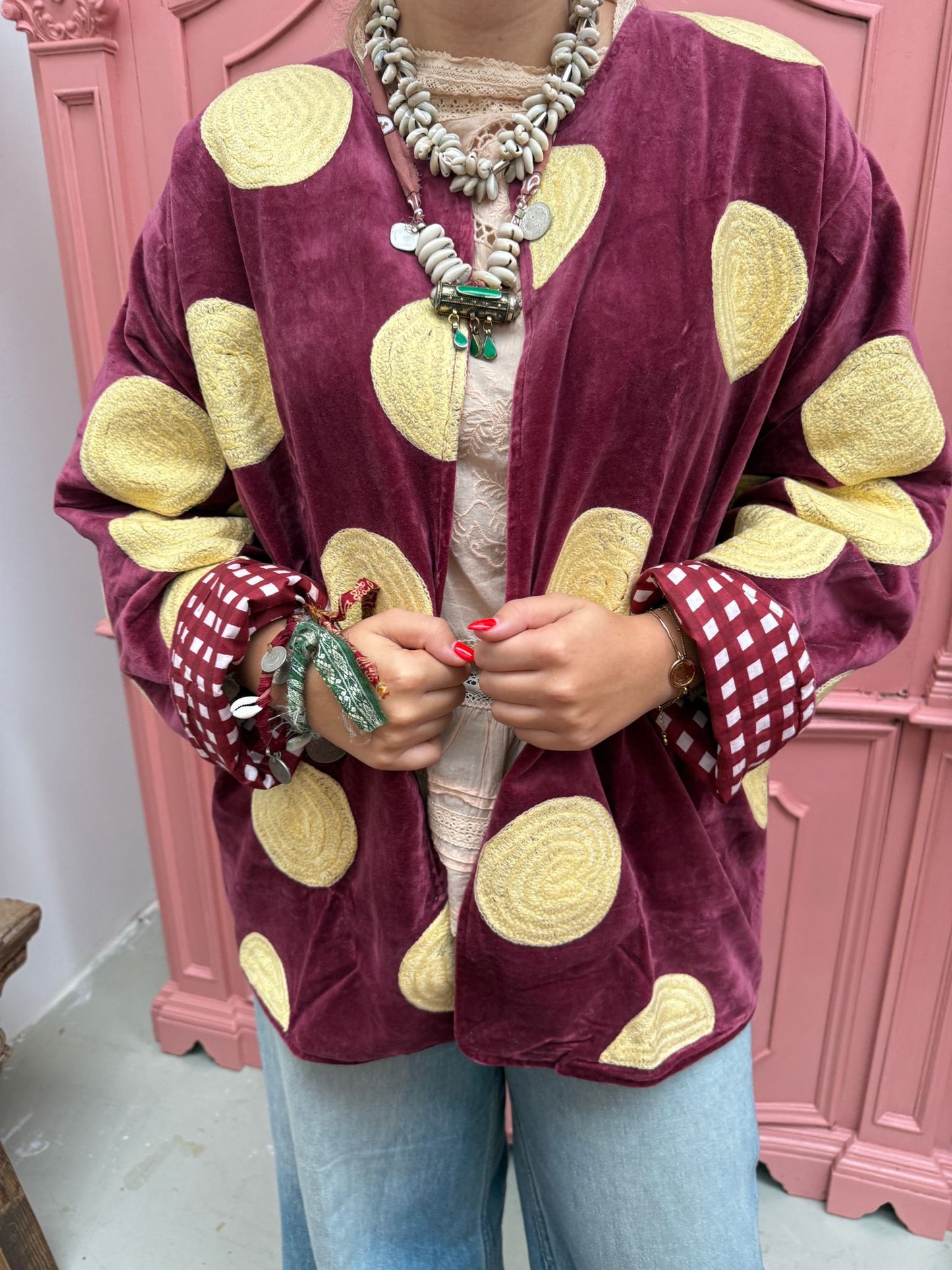 Velvet embroidery jacket Yellow dots