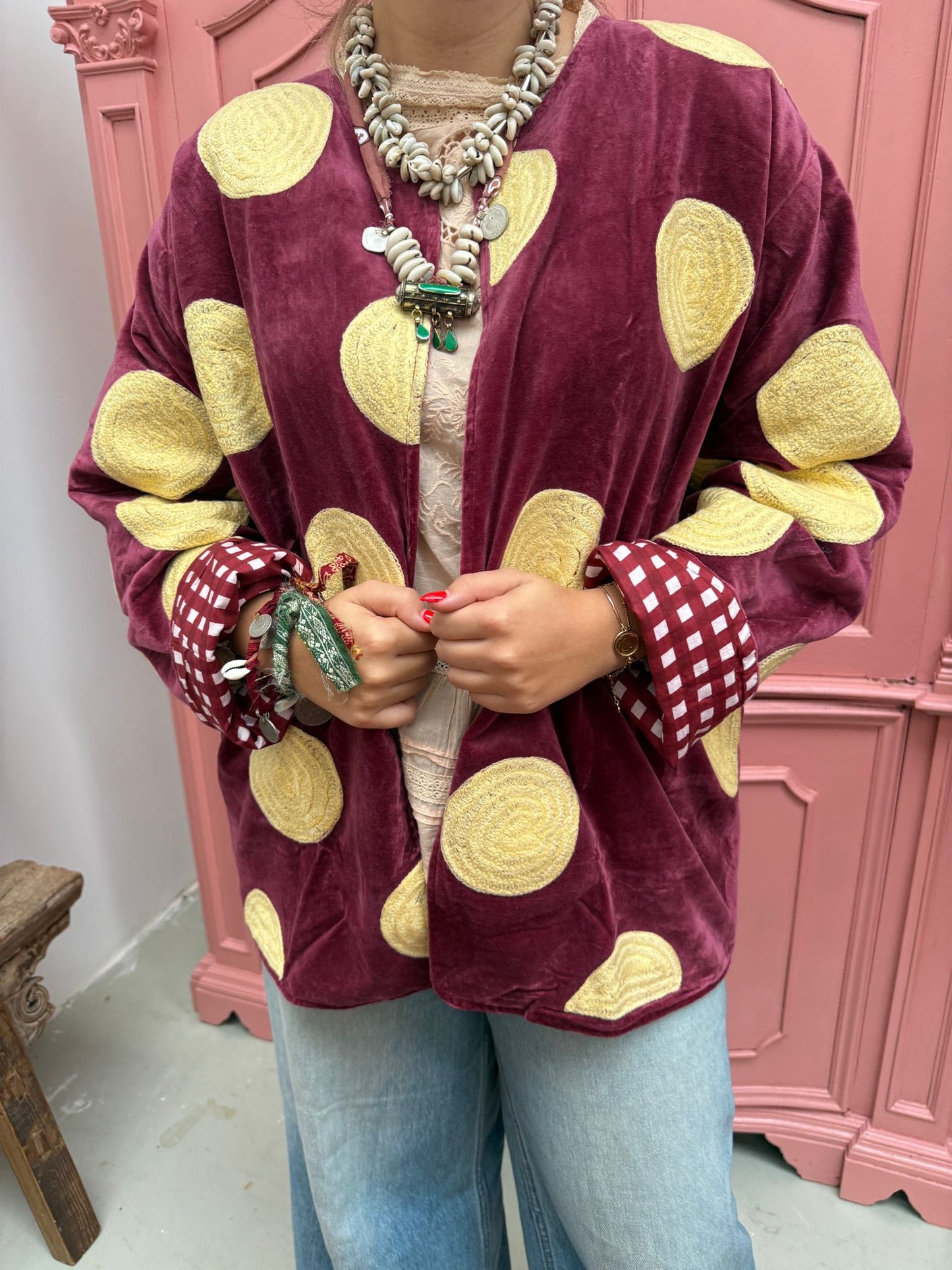 Velvet embroidery jacket Yellow dots