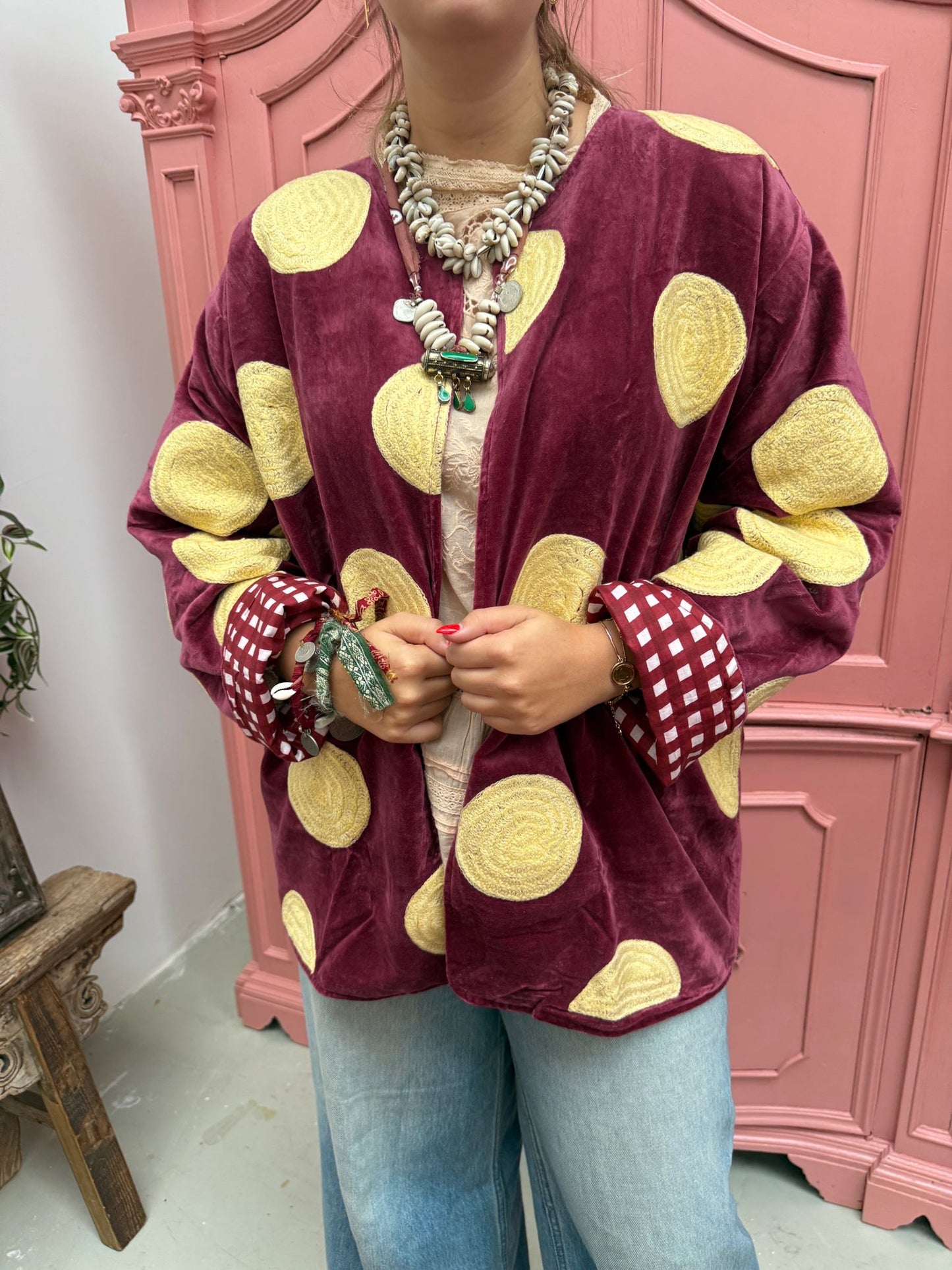 Velvet embroidery jacket Yellow dots