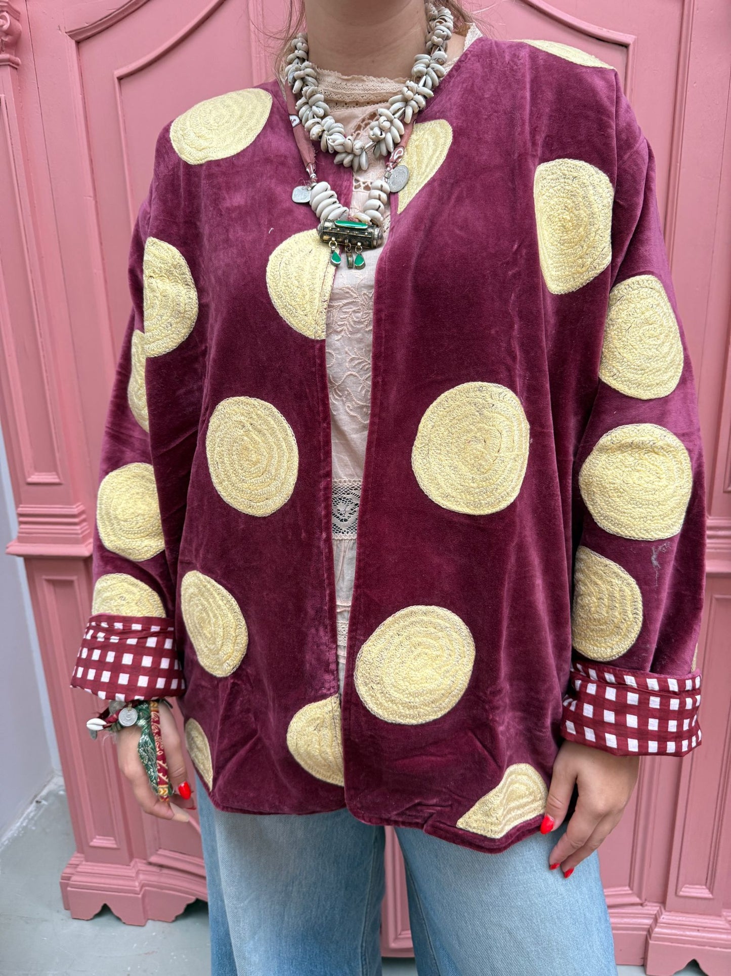 Velvet embroidery jacket Yellow dots