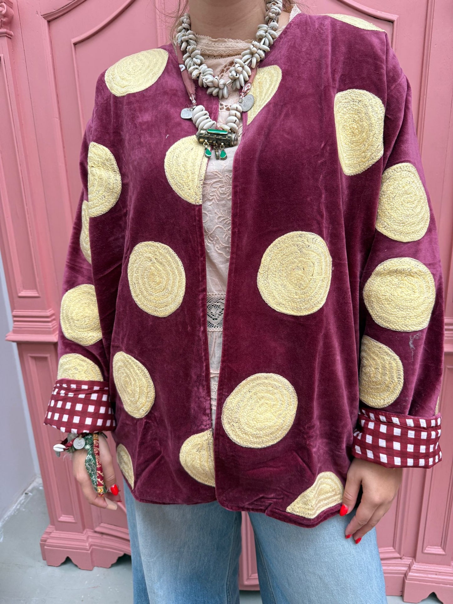Velvet embroidery jacket Yellow dots