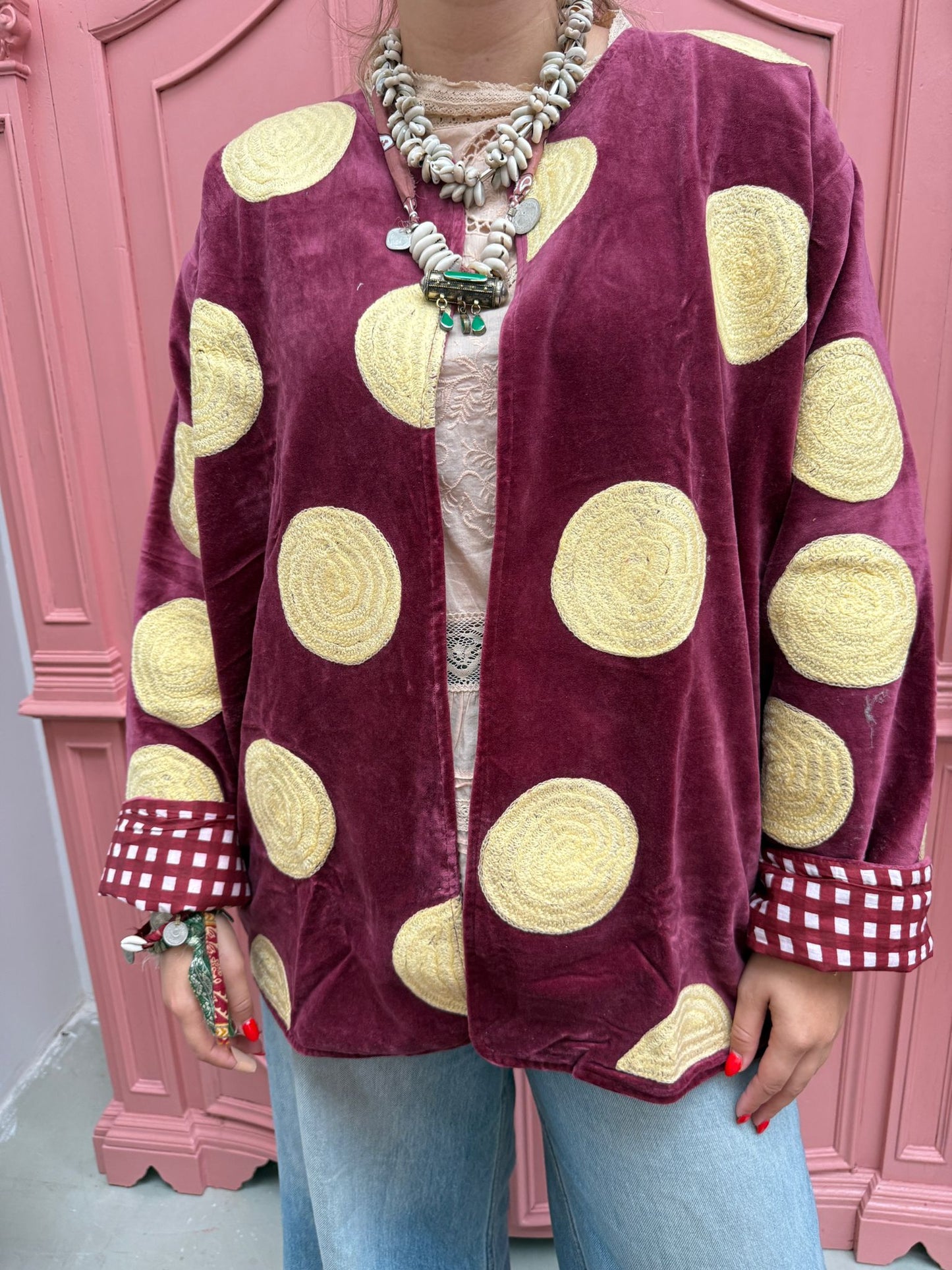 Velvet embroidery jacket Yellow dots