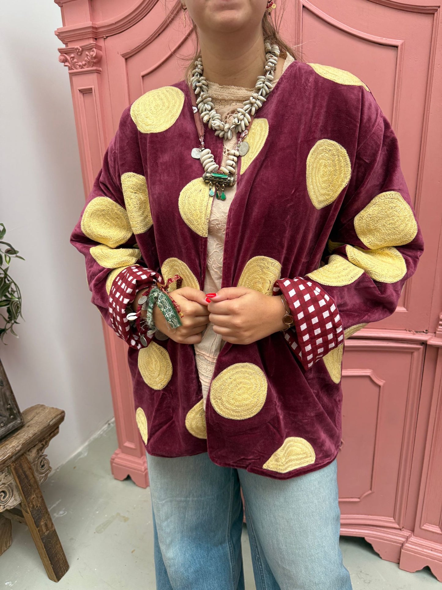 Velvet embroidery jacket Yellow dots