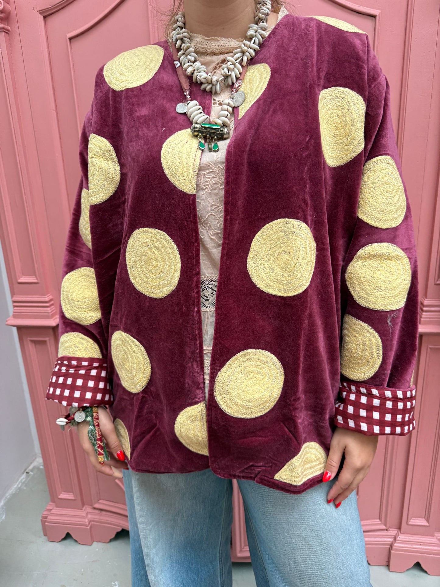 Velvet embroidery jacket Yellow dots