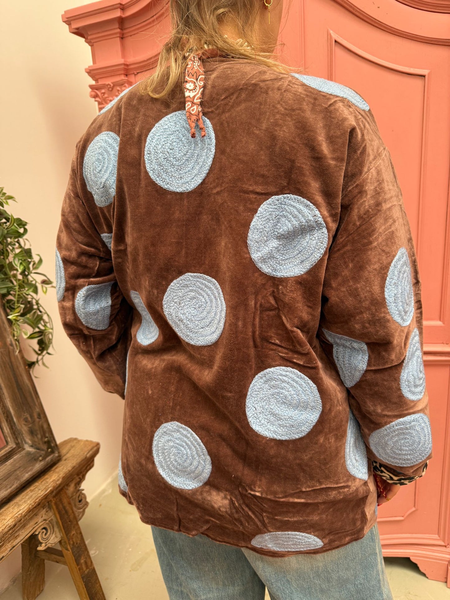 Velvet embroidery jacket bruin blue dots