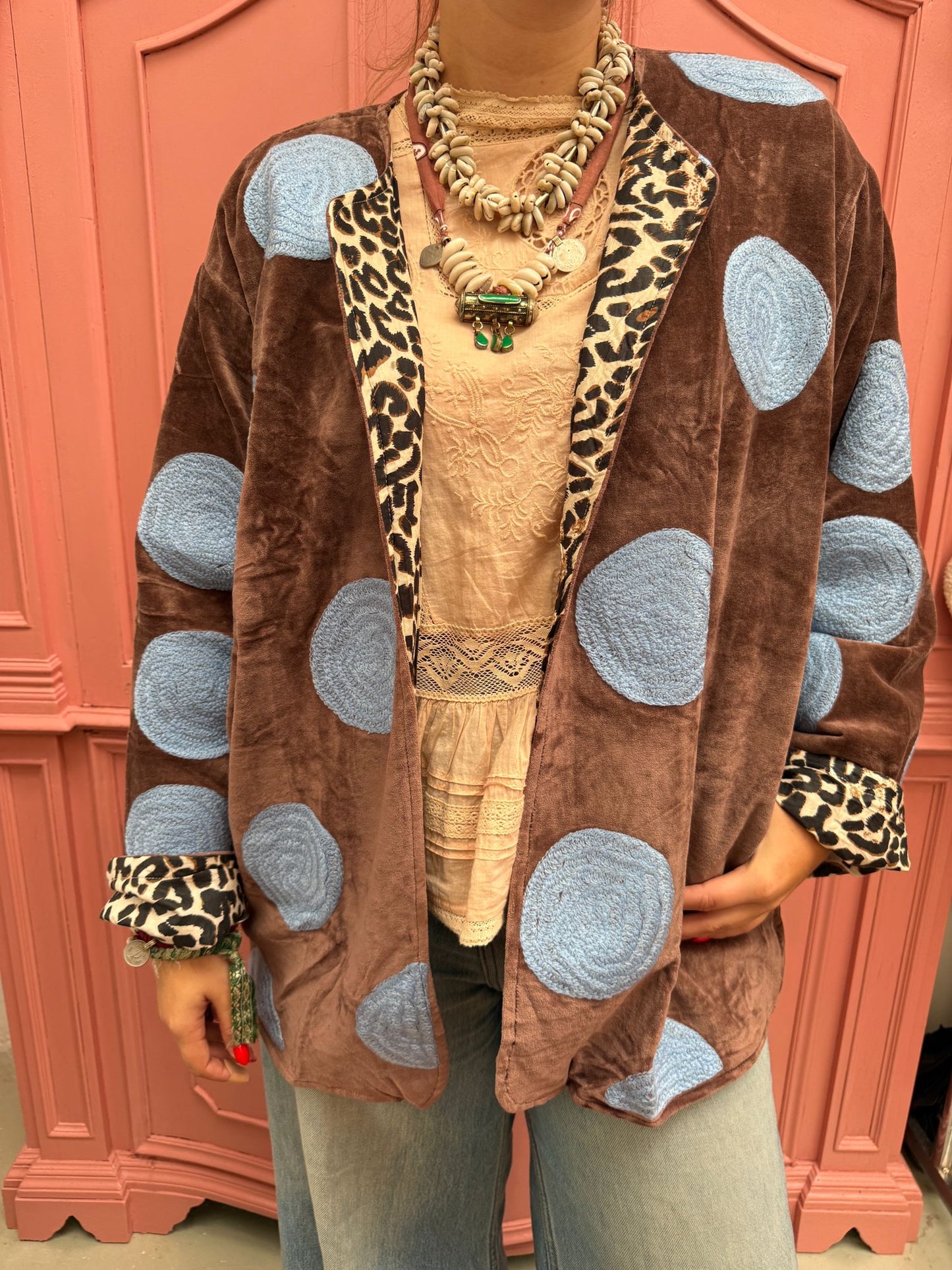 Velvet embroidery jacket bruin blue dots