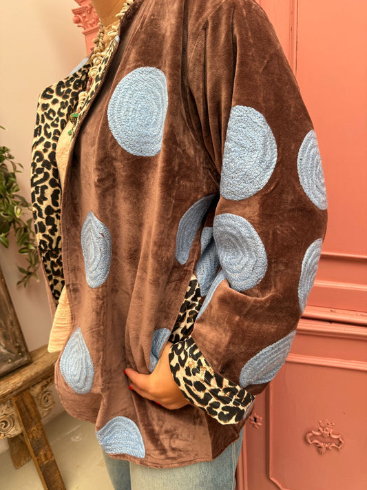 Velvet embroidery jacket bruin blue dots