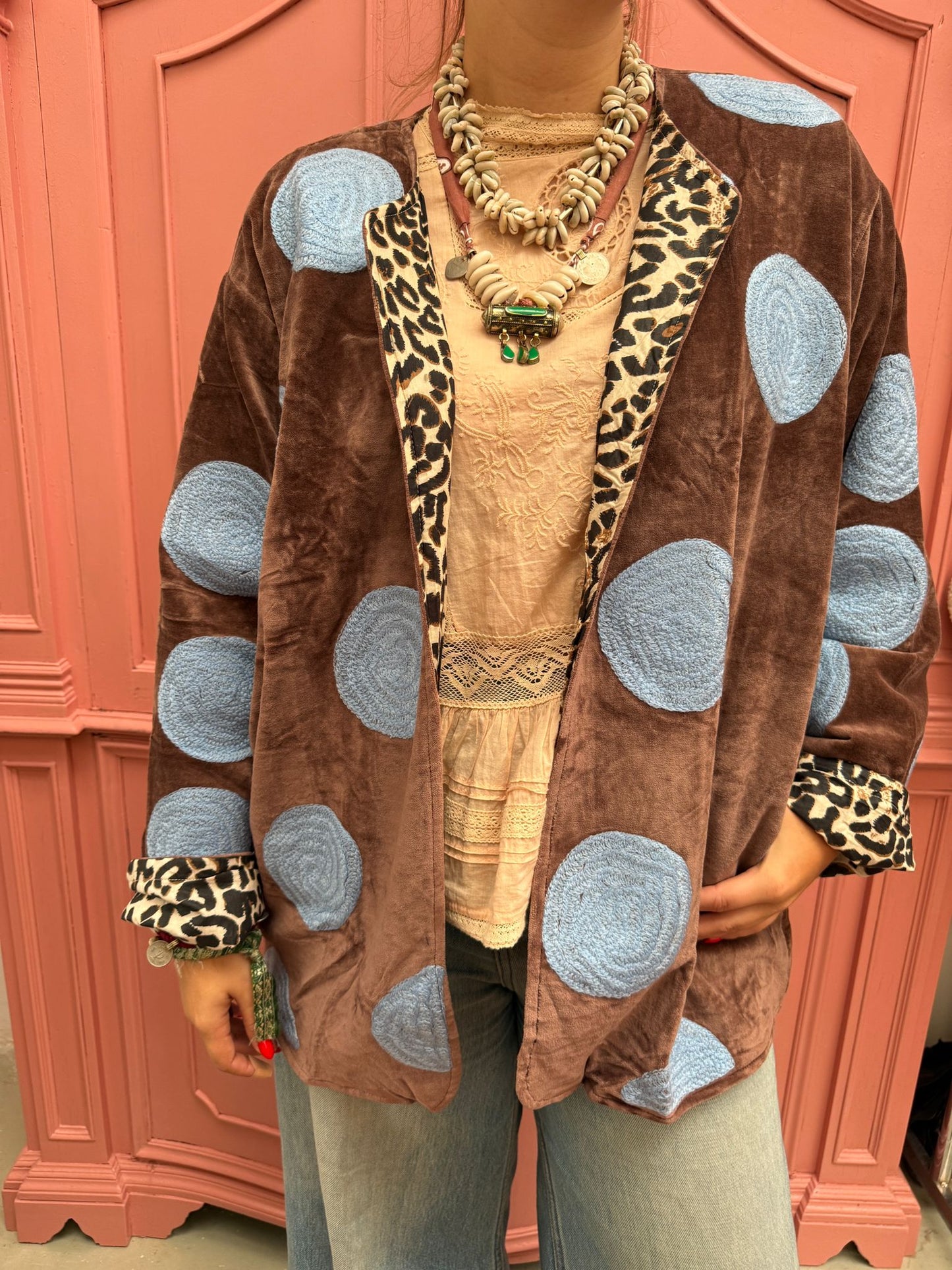 Velvet embroidery jacket bruin blue dots