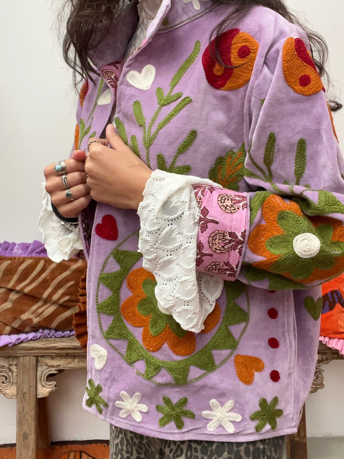 Velvet embroidery jacket pink light purple