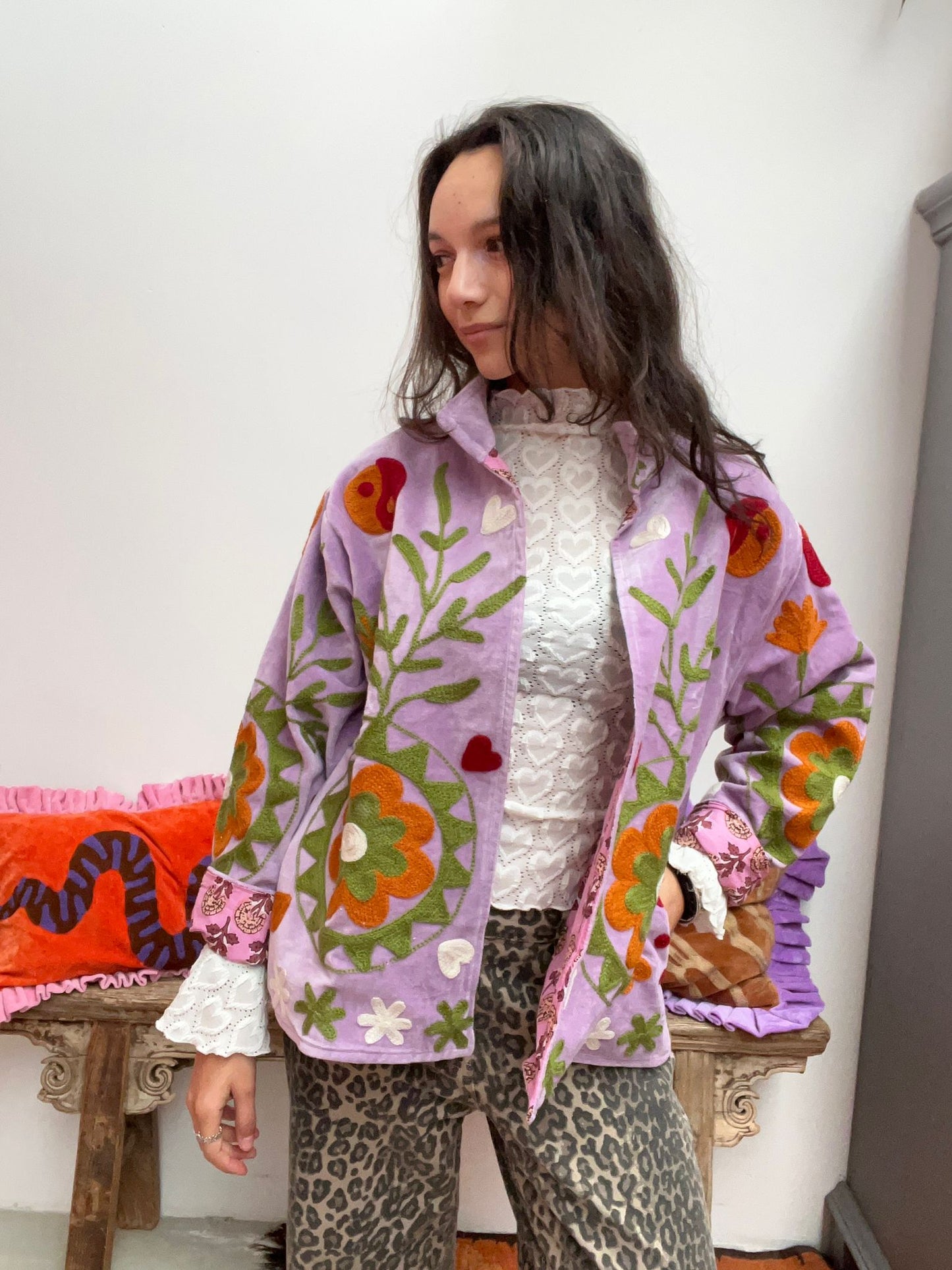 Velvet embroidery jacket pink light purple