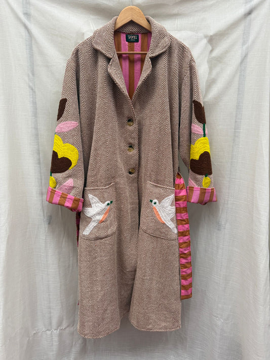 Long tweed embroidery bird coat