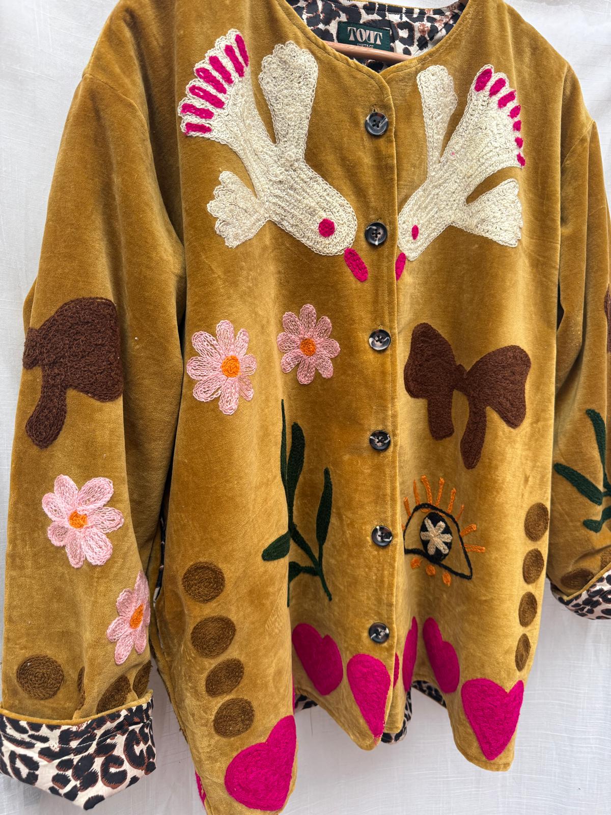 Velvet  embroidery jacket Birds oker