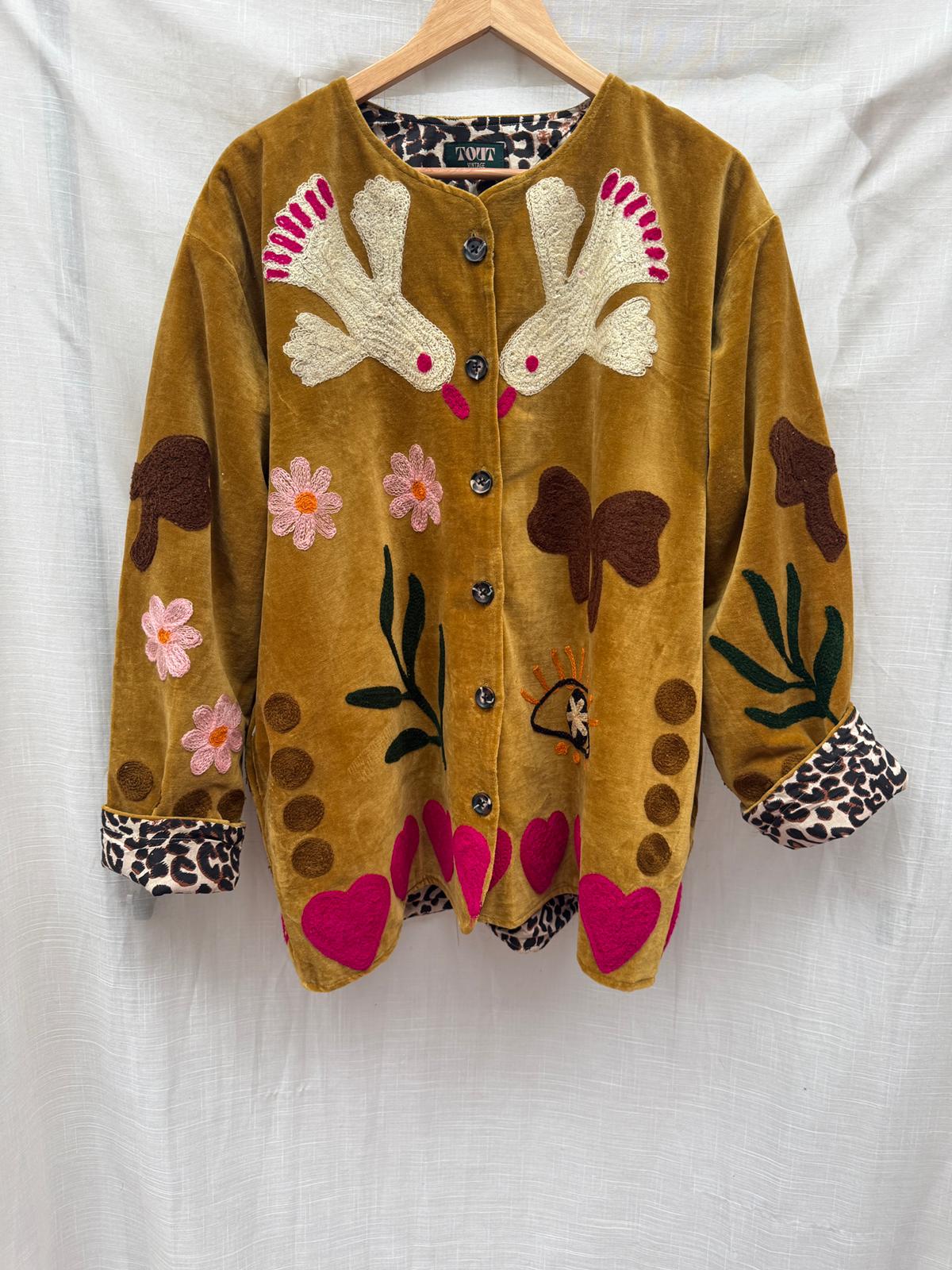 Velvet  embroidery jacket Birds oker