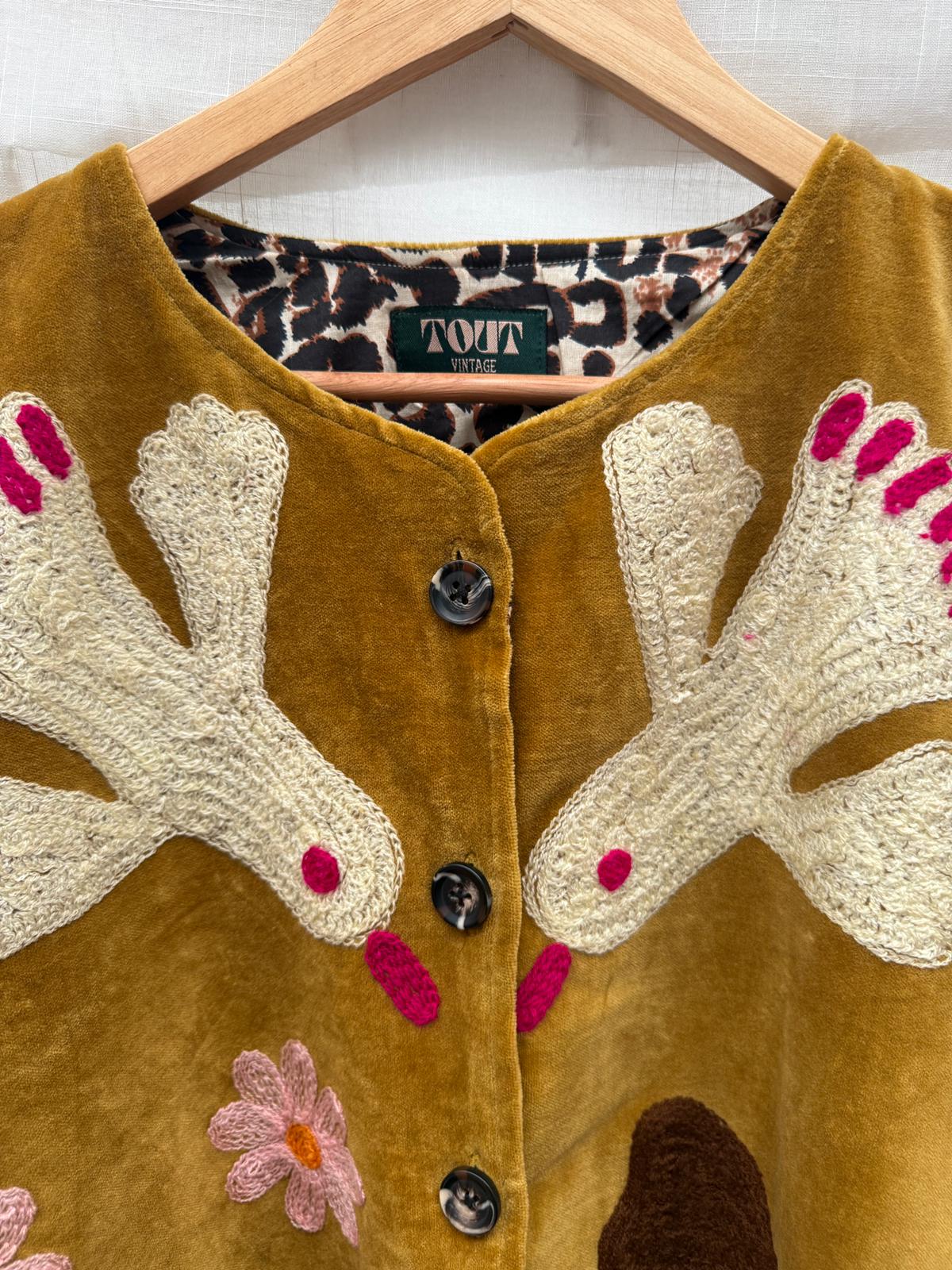 Velvet  embroidery jacket Birds oker