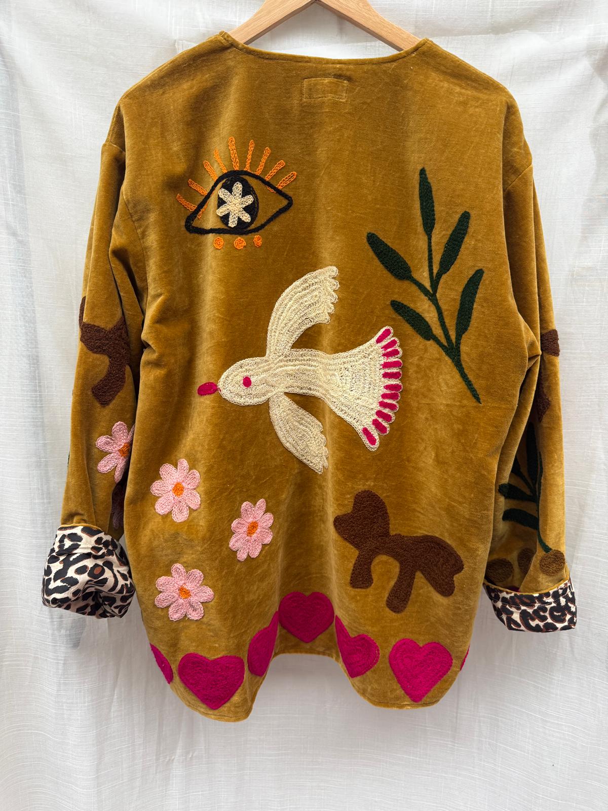 Velvet  embroidery jacket Birds oker