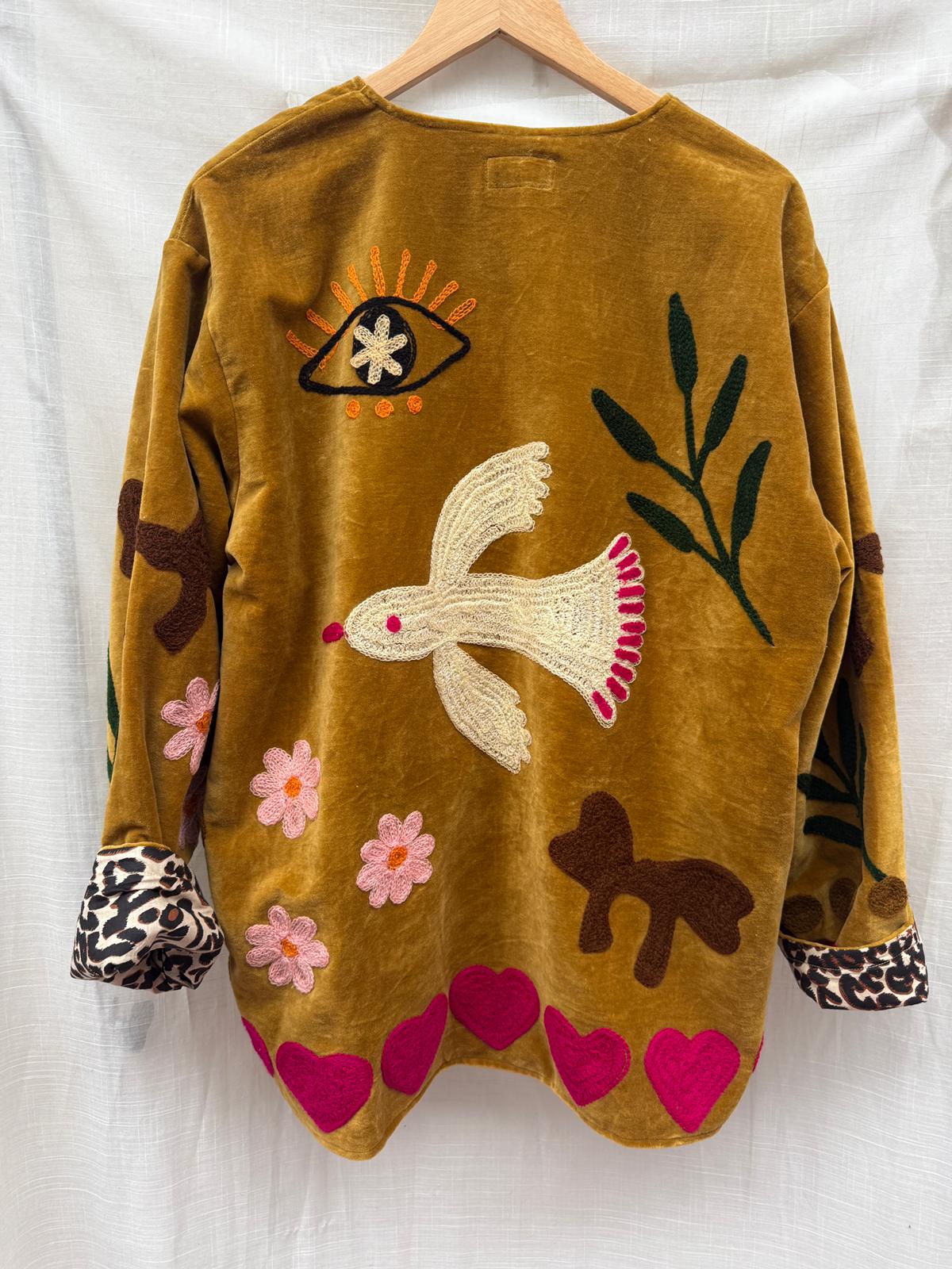 Velvet  embroidery jacket Birds oker