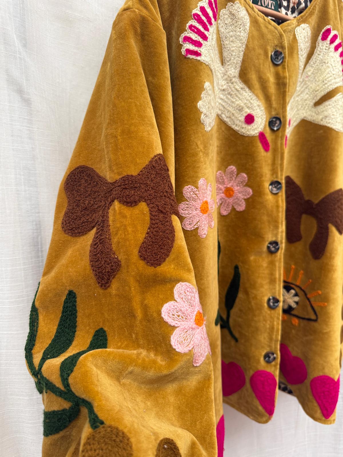 Velvet  embroidery jacket Birds oker