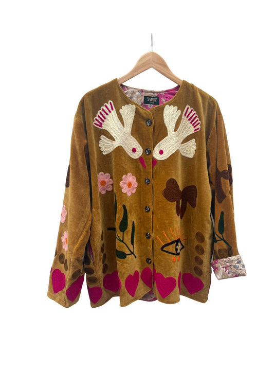 Velvet  embroidery jacket Birds oker