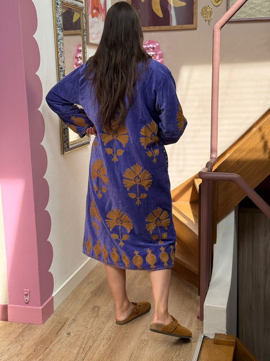 Long velvet embroidery jas Lavendel beige panter