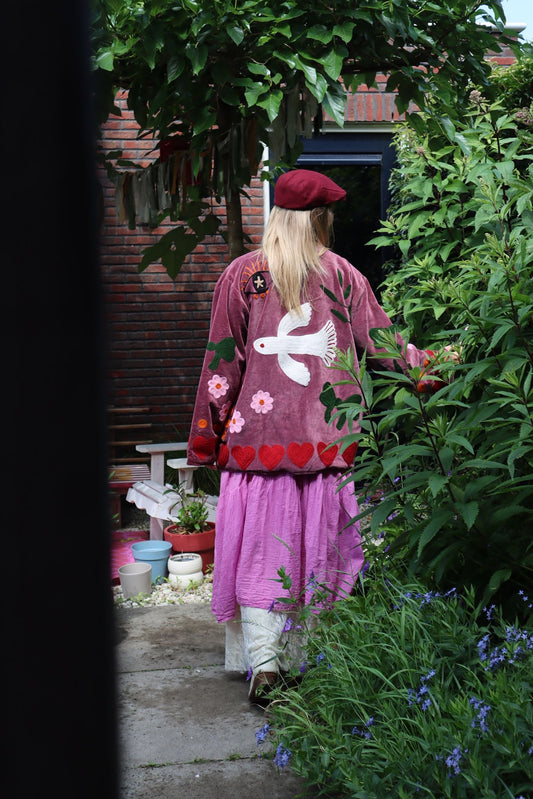 Velvet  embroidery jacket birds Purple