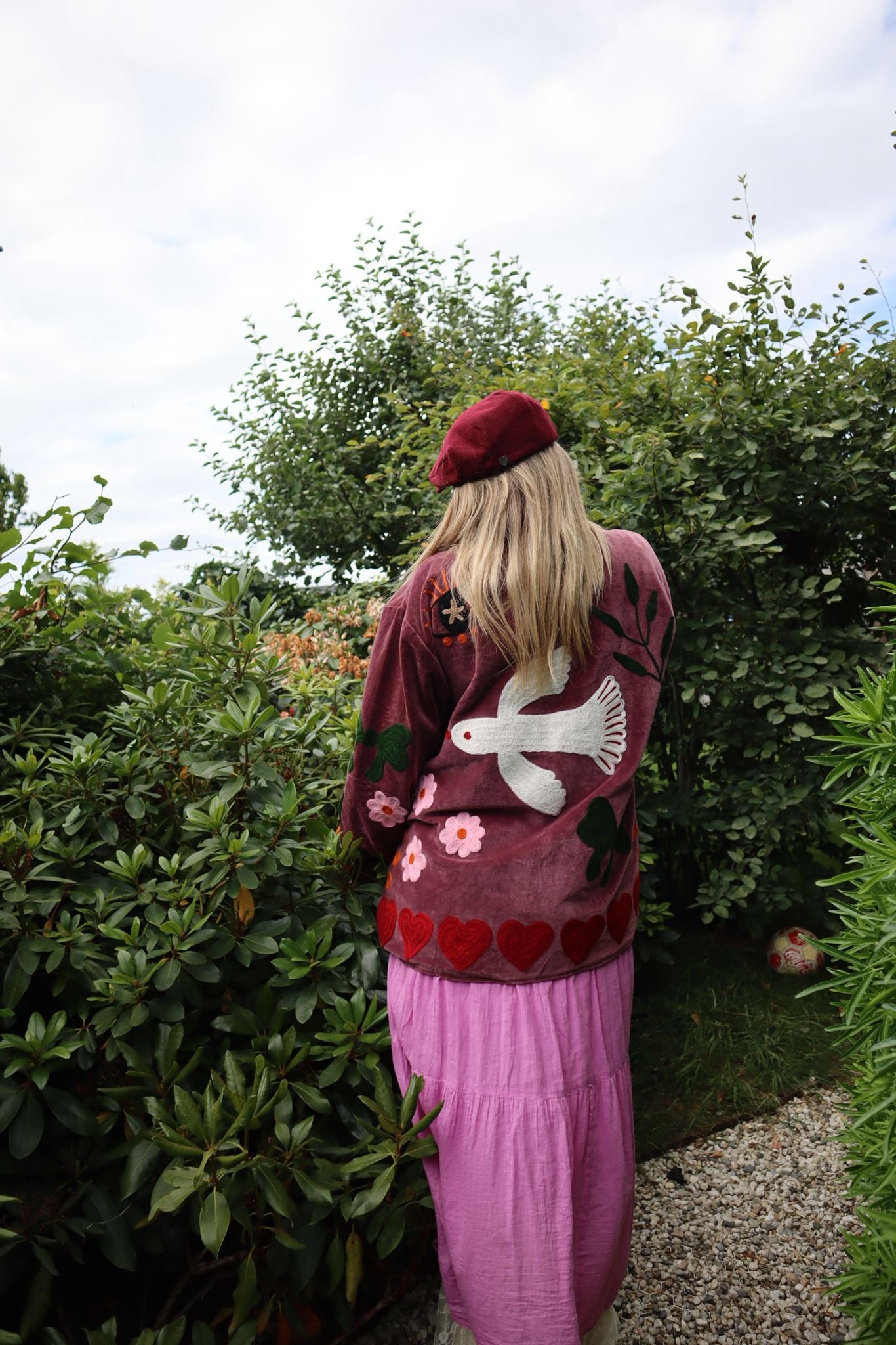 Velvet  embroidery jacket birds Purple